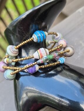 Recycled Paper Beaded Boho Wire Wrap Bracelet